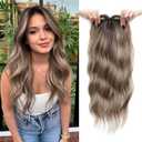 Hair Toppers for Women 20inch Wavy Hair Toppers for Women Toppers Hair Pieces for Women with Thinning Hair Ombre Highlight Synthetic Wig Clip In Hair Topper Wiglets with Fringe Bang Add Hair Volume (Highlights Dark Ash Brown)