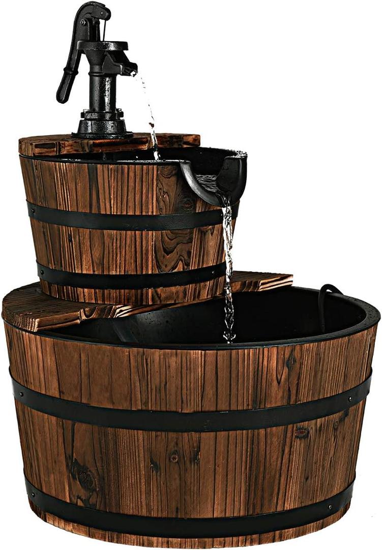 Giantex 2-Tier Barrel Waterfall Fountain Outdoor, Rustic Wood Barrel Cascading Water Fountain with Electric Pump, Outdoor Water Feature with Decorative Hand for Garden Patio Backyard Lawn Porch