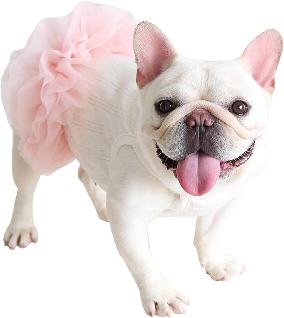 Pink Dog Tutu Dress for French Bulldog Summer Princess Tulle Dress for Pug Corgi Vest Gauze Skirt with Jacquard Mesh Puppy Clothes Girls for Birthday Party Wedding (L(Chest 22.44"-25.19"))