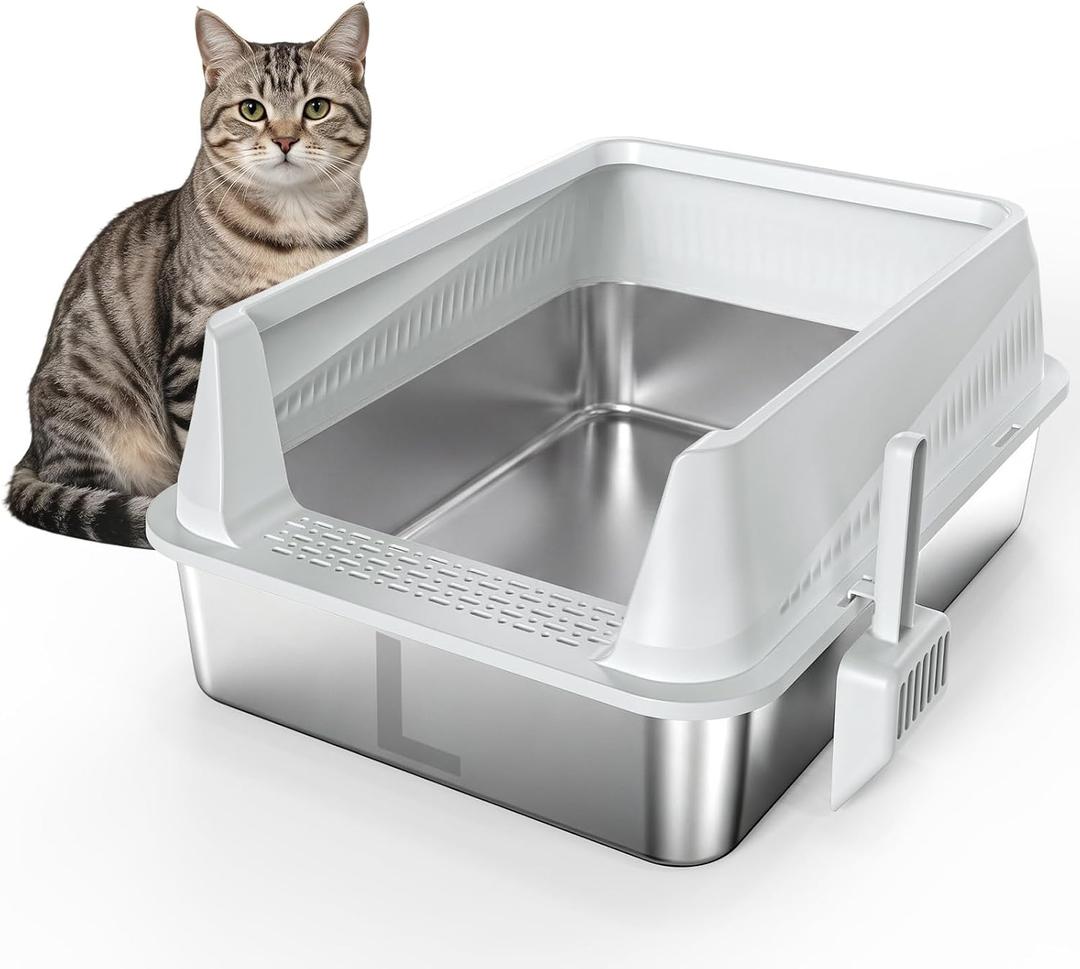 AIPERRO Stainless Steel Litter Box with Lid, High Sided Cat Litter Box