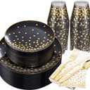 U-QE 350PCS Black Gold Plastic Plates - Halloween Black Plastic Dinnerware Sets for 50 Guests - 100 Disposable Plates, 150 Silverware, 50 Cups, 50 Napkins for Halloween & Wedding & Party