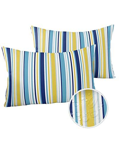 Lsrtoss Blue Yellow Striped Outdoor Waterproof Pillow Covers, Farmhouse Navy Blue Ombre Stripes Decorative Rectangle Throw Pillowcase Sofa Cushion Sham for Patio/Couch/Chair, 20"x12" 2 Pack