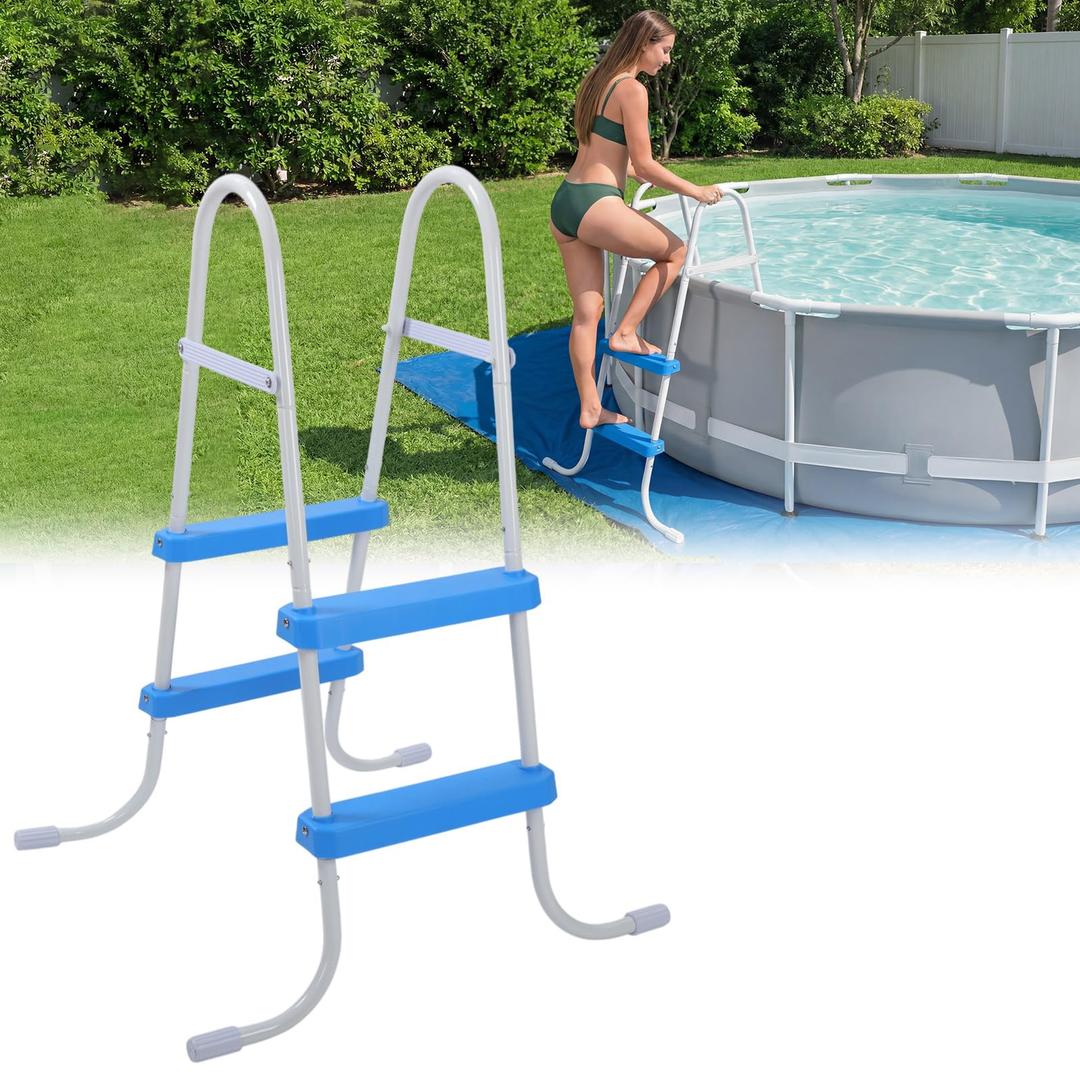 Threlaco 33 Inch Above Ground Pool Ladder 2 Step Steel Frame Swimming Pool Entry Exit Ladder Non Slip Metal Frame Steps, Weight Capacity 300lbs(White and Blue)