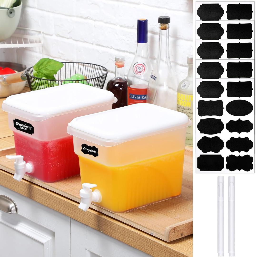 Mumufy 2 Pcs 1.32 Gallon Drink Dispensers for Parties with Spigot Plastic Beverage Dispenser for Fridge Juice Lemonade Container with Marker Sticker Family Daily Use