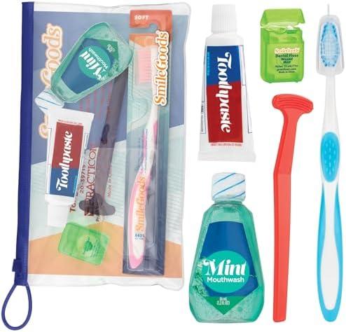 Practicon Adult Dental Care Kit, Travel Size Bundle w/Toothbrush with Cover, Toothpaste, Floss, Tongue Cleaner and Mint Mouthwash, TSA Compliant Oral Care Kit