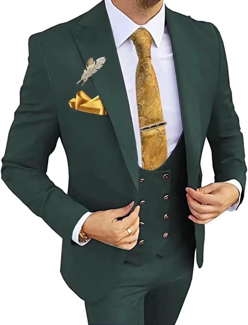 Wangyue 3 Piece Men's Suits Slim Fit Suits for Men Wedding Prom Tuxedo Suits Formal Business (Large, Green)