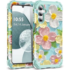 for Galaxy A14 5G Case,3 in 1 Oil Painting Flower Pattern Heavy Duty Shockproof Protection Silicone Rubber Bumper+Hard Plastic Hybrid Protective Cover for Samsung A14 6.6",Green Flower