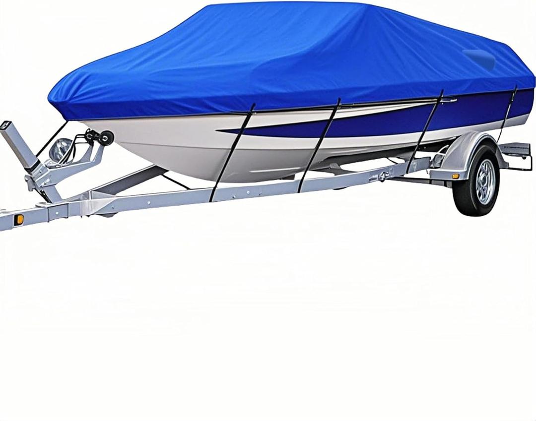Boat Cover Heavy Duty Marine Grade Oxford Fabric PU Coating Fits 20'-22' Length 100" Beam Width V-Hull Tri-Hull Pro-Style Bass Trailer Fishing Ski Runabout Boat with Carrying Bag Blue
