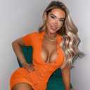 DAAWENXI Women's Sexy V Neck Ruched Button Down Clubwear Night Out Mini Club Dress (Orange, L)