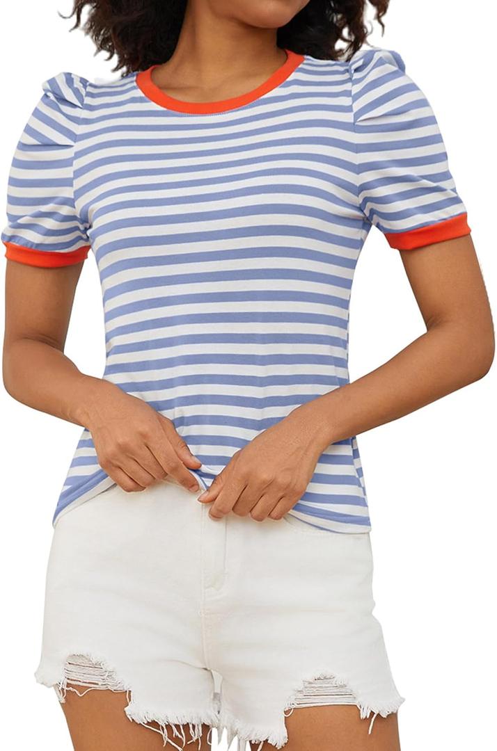 MISSACTIVER Women Striped Color Block T-Shirts Crew Neck Short Puff Sleeve Slim Fit Pullover Shirt Casual Summer Tee Tops (M)