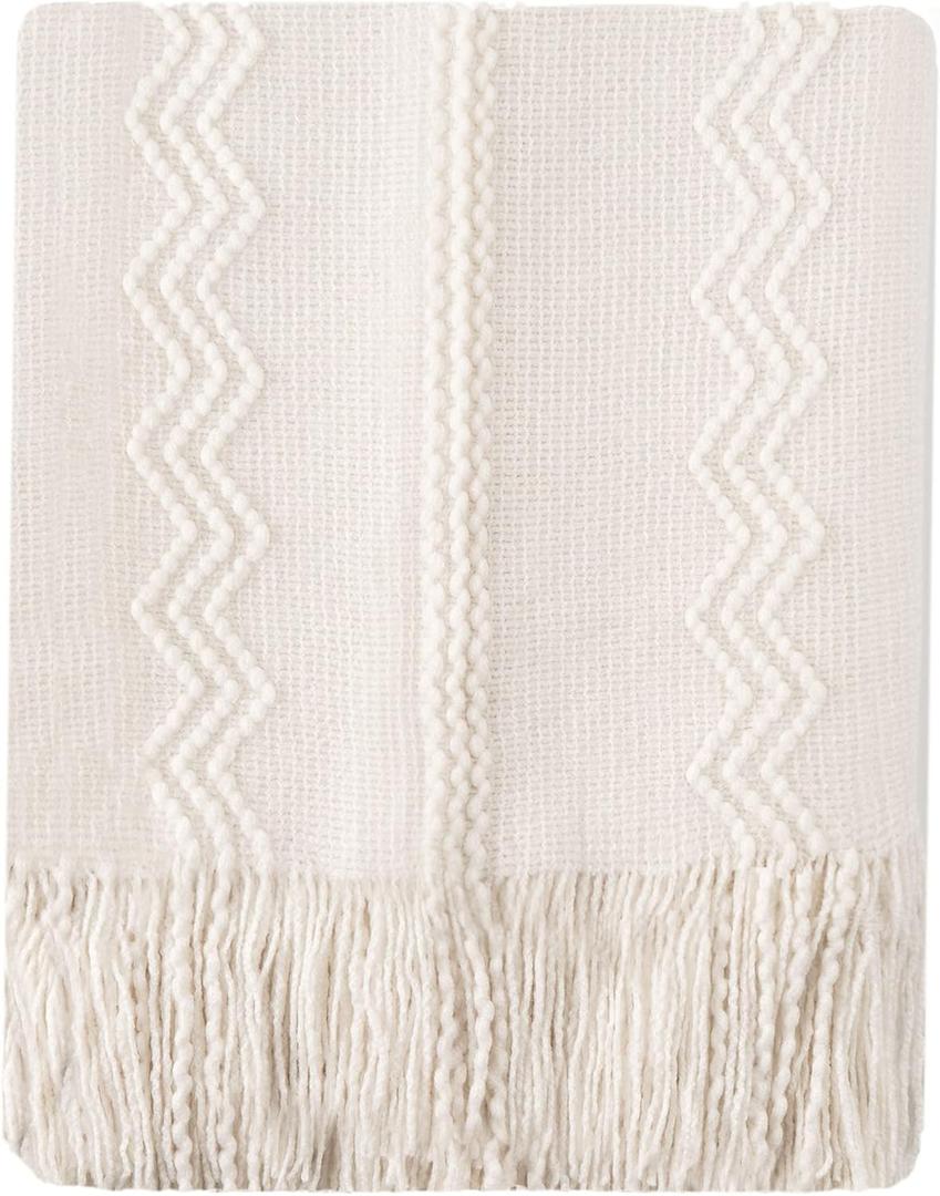 BATTILO HOME Cream Throw Blanket for Couch, Bedroom Decor Boho Throw Blanket, Decorative White Blanket Throw for Sofa Living Room, 50"x60" (50 x 60 in.)