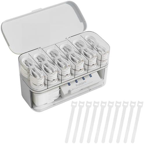 Cable Organizer with 10 Wire Ties, IEMIEBSHA White Cord Holder with 6 Compartments and Drawer, Plastic Electronic Cord Storage Box for Power Cord, Charging Plug, Cosmetics, Jewelry