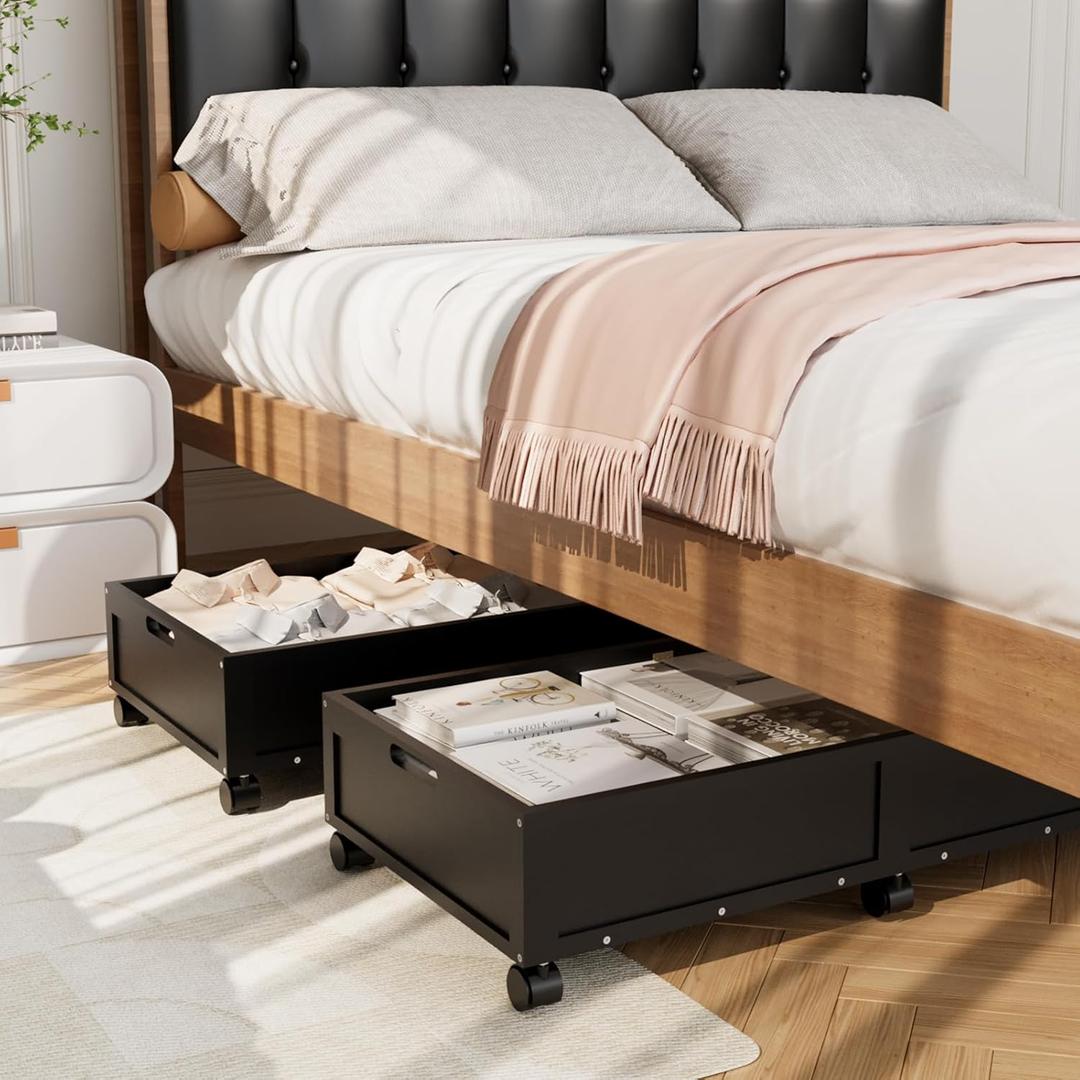 Wood Under Bed Storage Containers Underbed Organizer with Wheels with Large Capacity Dust Bag,Sturdy Wood Rolling Under Bed Shoe Storage Organizer 2 Packs (Walnut, Tall) (Black, Large)