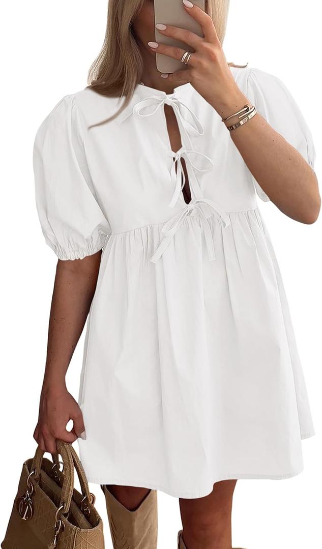 PRETTYGARDEN Womens 2025 Summer Casual Short Sleeve Dresses A Line Bow Tie Front Babydoll Loose Cute Mini Dress with Pockets (White,Medium) (White, M)