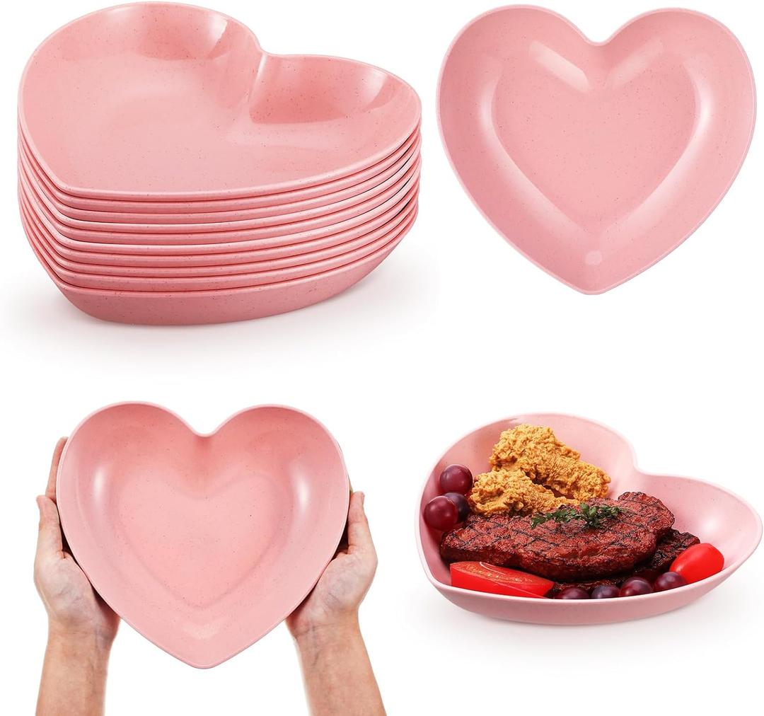 10 Pcs 8.5 Inch Pink Heart Plates - Valentine's Day Plates & Bowls - Dessert, Appetizer, Salad - Heat Resistant Plastic - Modern Style