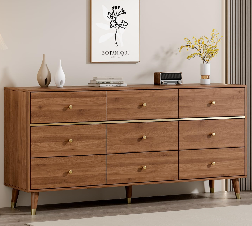 Chrangmay 9 Drawer Dresser,63" Wide Mid Century Modern Chest of Drawers,Wooden Bedroom Drawer Dresser with 9 Storage Drawers for Bedroom, Living Room,with Anti-Tipping Device,Natural