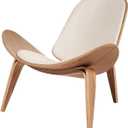 Hans Wegner Style Three- Legged Shell Chair Ash Plywood White Faux Leather Accent Chair Living Room Furniture Mid-Century Modern Shell Chair (Wood Color-White)
