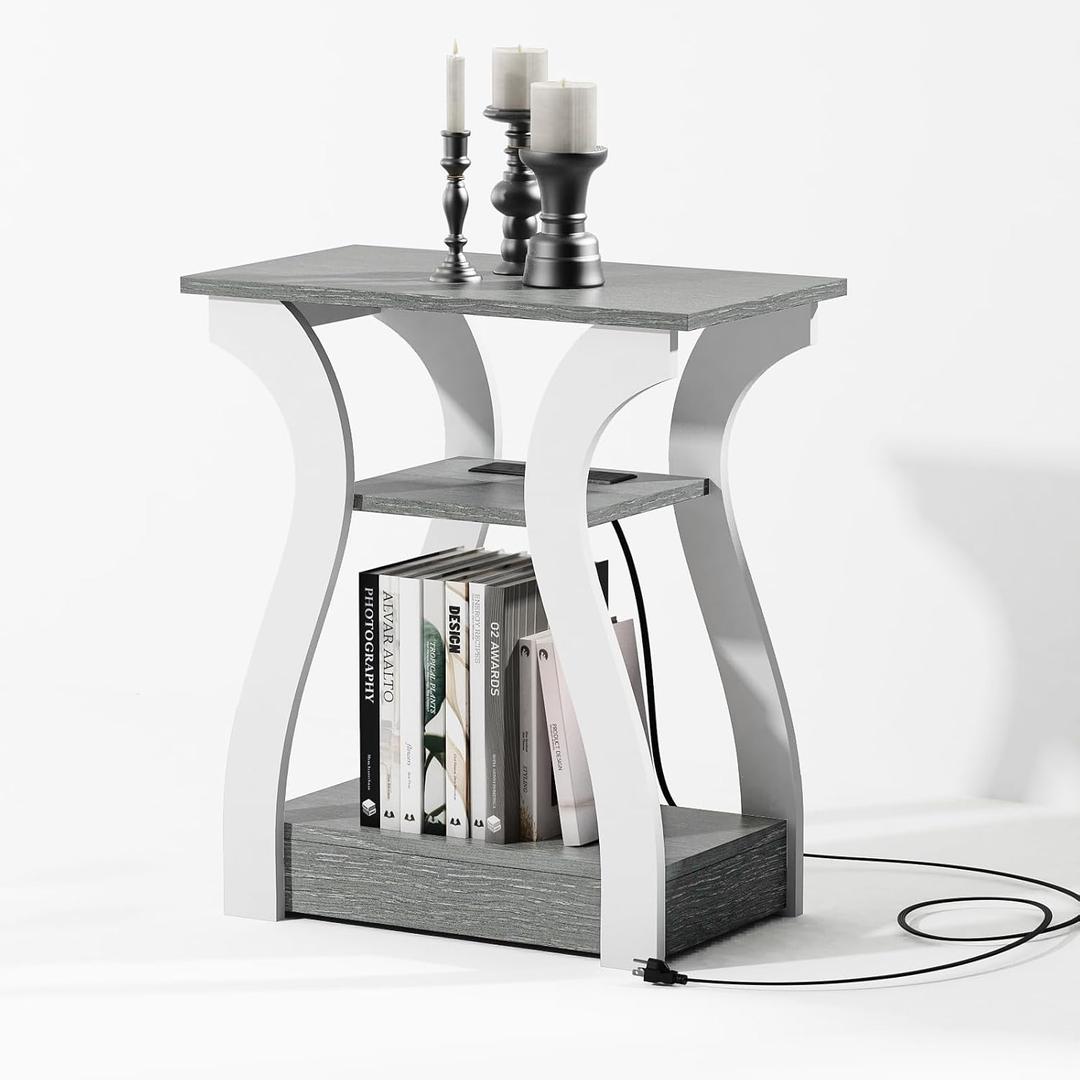FROMJBEST End Tables Living Room, Grey End Table with Charging Station, Grey Side Table, Nightstand for Bedroom, 3 Tier End Table with Storage Shelf for Living Room