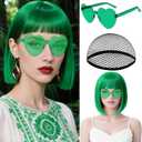 MEEZY Green Short Bob Wigs Straight Hair with Flat Bangs Heart Sunglasses for Women, Colorful Funny Cosplay Party Neon Wig Synthetic Natural As Real Carnival Halloween Costume