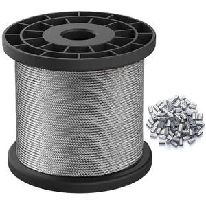 Wire Rope, 1/16 Steel Wire, Stainless Steel 304 Cable, 328FT Length Aircraft Cable with 100pcs Sleeves Stops, 7x7 Strand Core, 368 lbs Breaking Strength Perfect for Outdoor,Yard,Garden or Crafts