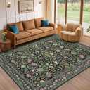 9x12 Area Rug Living Room Rugs - Washable Boho Vintage Floral Large Soft Non Slip Thin Rug Low Pile Carpet for Bedroom Dining Room Kids Playroom Office Decor Indoor- Green Dark