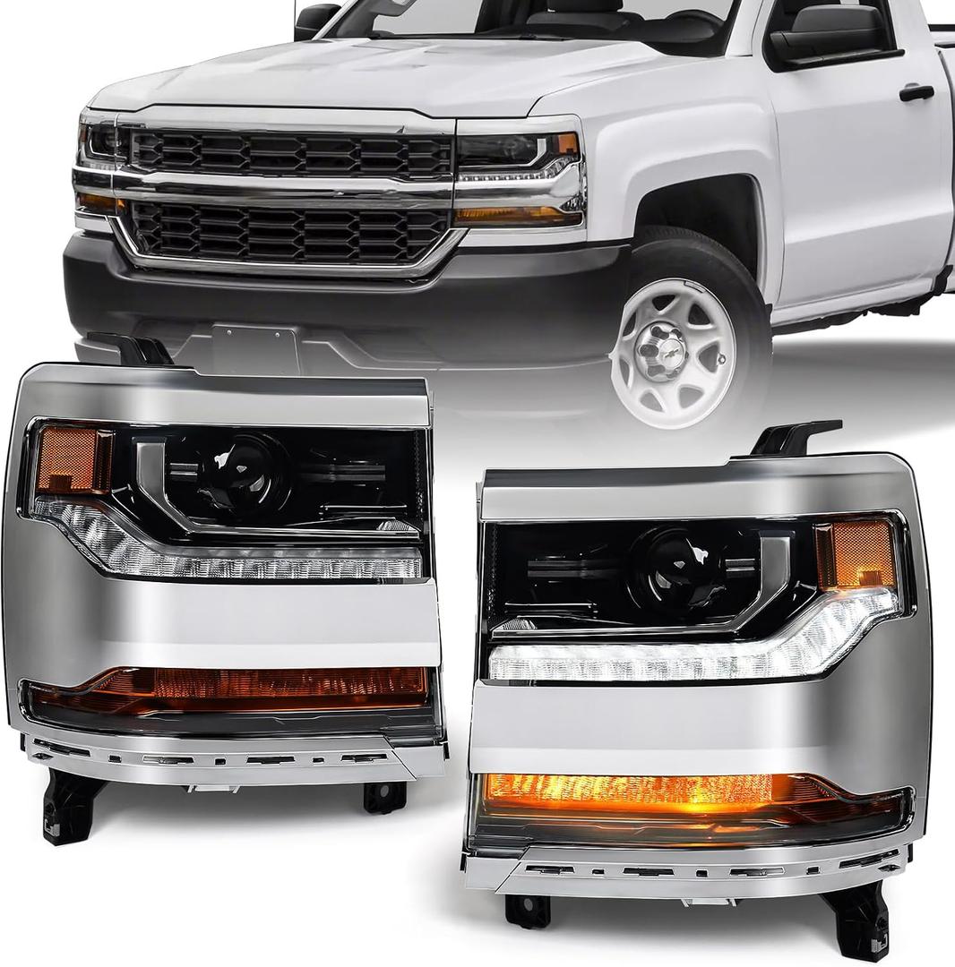 Headlight Assembly Compatible with Chevy Silverado 1500 2016 2017 2018 (Only for Hid/Xenon Model) Factory Replacement Head Light Lamp Chrome Housing Driver & Passenger Side Pair