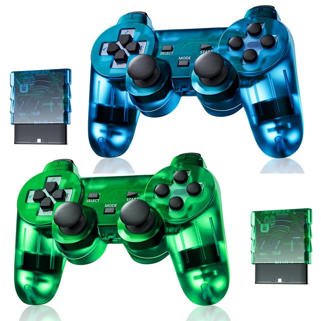 Burcica Wireless Controller for PS-2 Play 2 Double Vibration 2 - ClearBlue and ClearGreen
