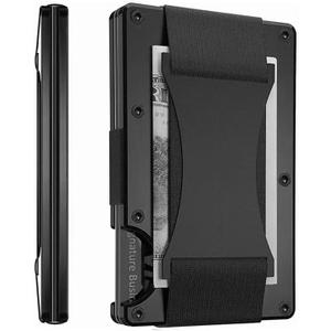 Leatherboss Slim Wallets for Mens Metal Wallet with Cash Strap Thin Minimalist Aluminum Credit Card Holder (Midnight Black)