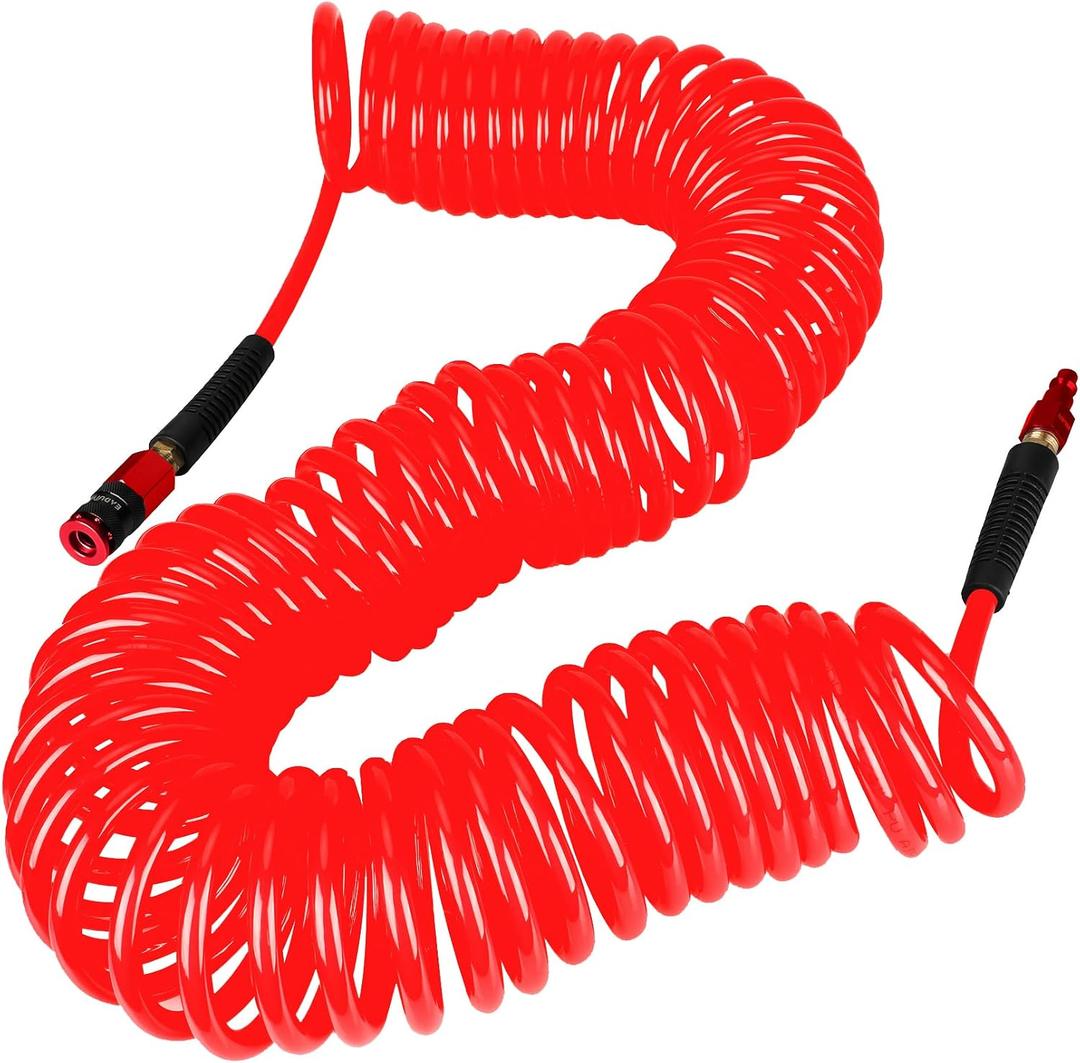 Heavy Duty Polyurethane Recoil Air Hose 1/4 in x 50 ft, Lightweight, Flexible Compressor Hose with Universal Quick Coupler, I/M Plug and Bend Restrictors, Red