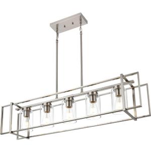 5-Light Farmhouse Chandeliers Brushed Nickel Dining Room Lighting Fixture for Kitchen Island Rectangle Chandelier Rustic Ceiling Lights with Clear Glass Shades, 41 inches x 8.5 inches x 41.3 inches