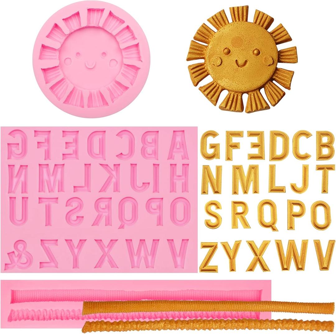 26 Capital Letter Fondant Molds, 3D Letters Hemp Rope Cake Decorating Molds, Cartoon Smile Sun Shaped Silicone Chocolate Molds for Birthday Cupcake Topper Cookie Plaster Clay Resin