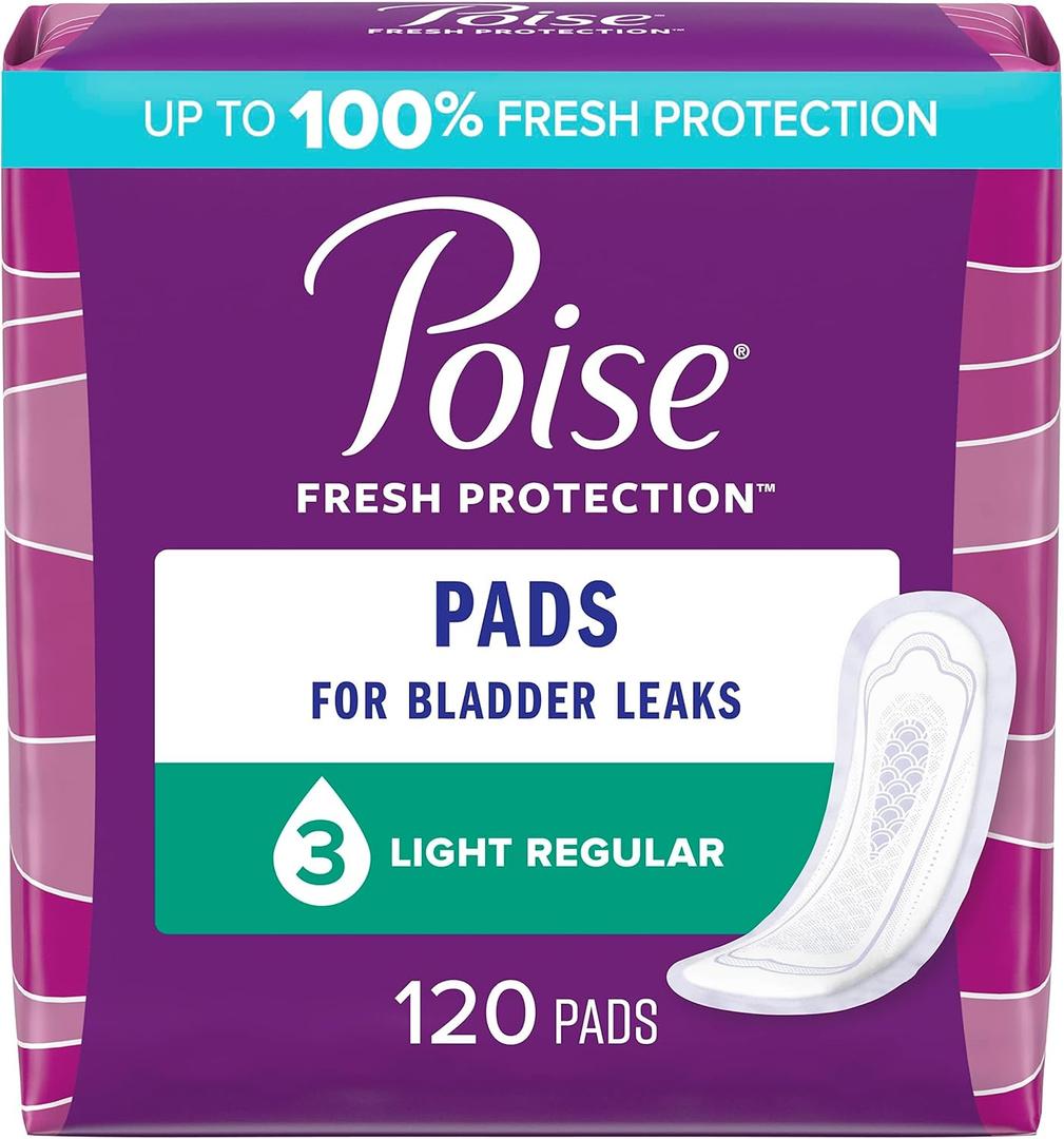 Poise Incontinence Pads & Postpartum Incontinence Pads, 3 Drop Light Absorbency, Regular Length, 120 Count (4 Packs of 30), Packaging May Vary