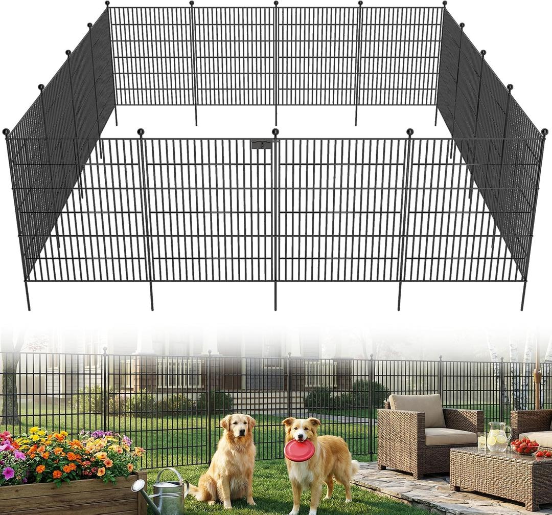 Toolterritary 10 Panels No Dig Garden Fence with Gate, 32 in(H) X24.2 ft(L) Metal Fence Panels, Thickened Rustproof Garden Fencing, Animal Barrier Fence for Dogs, Rabbits, and Patio