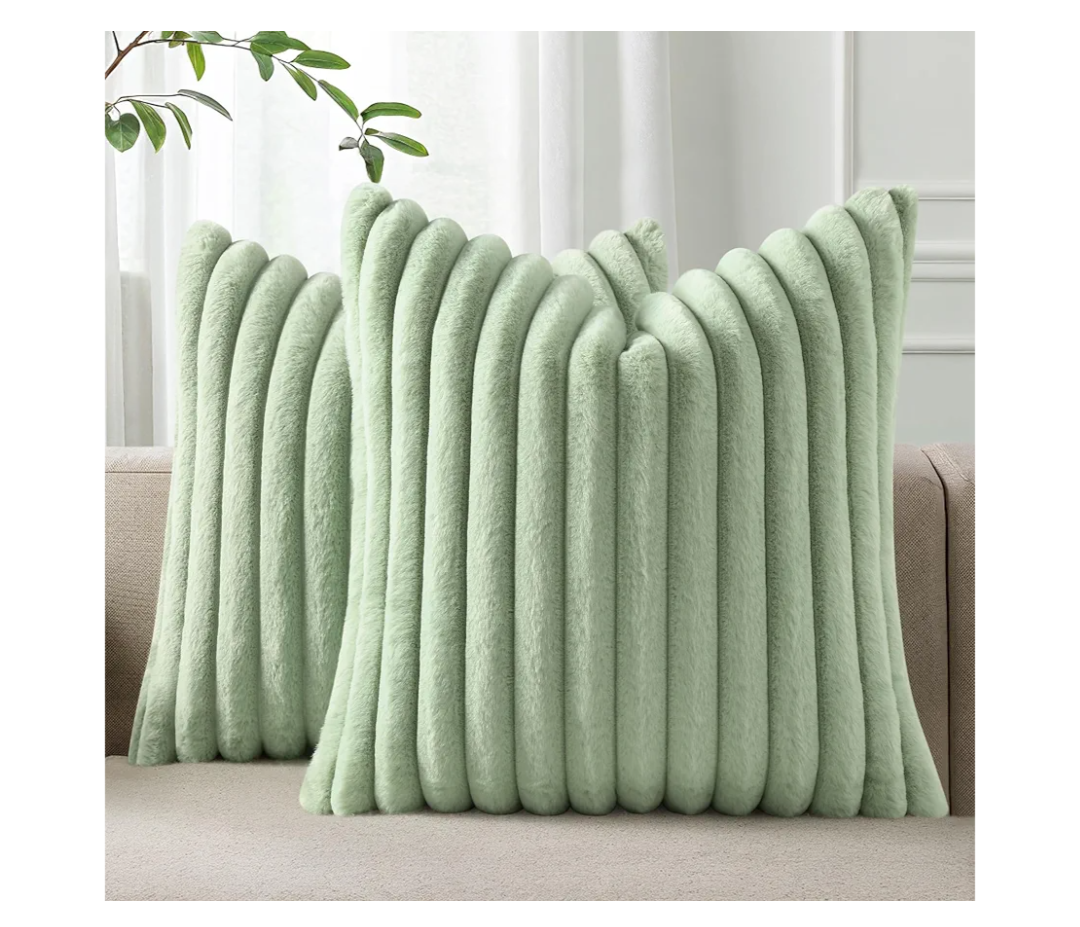 Pallene Faux Fur Plush Spring Throw Pillow Covers 20x20 Set of 2, Luxury Soft Fluffy Striped Decorative Pillow Covers for Sofa, Couch, Living Room, Sage Green