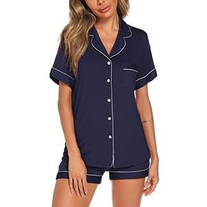 Aamikast Button Up Pajama Set for Women Shorts Short Sleeve Knit Sleepwear 2 Pice Pjs Sets Large