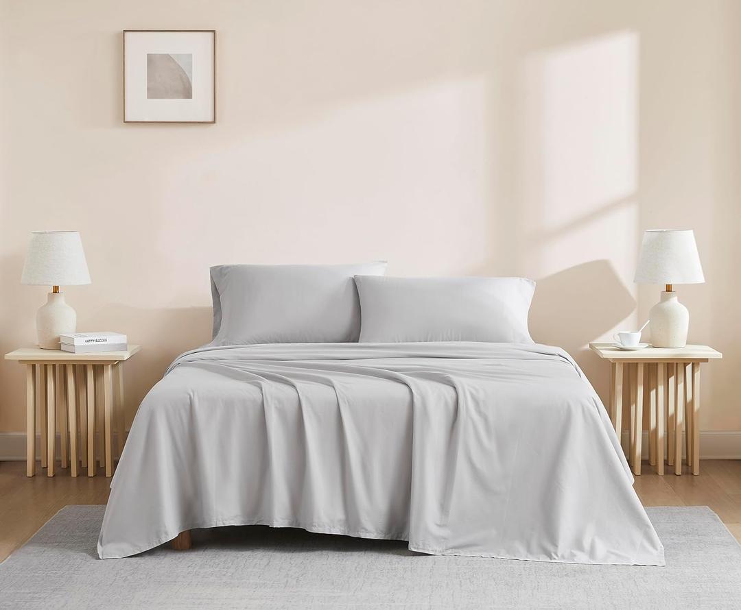 Linen Closet Organic 100% Cotton Queen Sheet 4 Pcs Set, 18 Deep Pocket, Light Grey | Lightweight, Eco-Friendly Cotton, Percale Softness, Durable & Breathable, Naturally Cooling | All Season Comfort