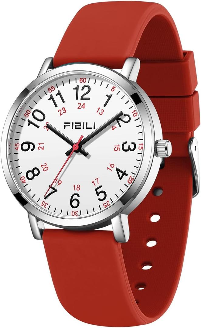 Waterproof Nurse Watch for Medical Professionals,Students, Women Men, Military Time Easy to Read Dial, 24 Hour with Second Hand, Soft and Breathable Silicone Band (1011-Red White)