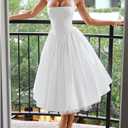 Women Halter Midi Dress Corset Back Layered Tulle Skirt A Line Formal Dresses Wedding Guest Bridal Shower (White, M)