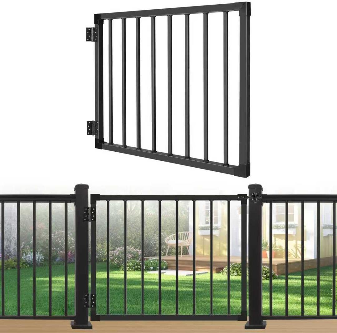Deck Gate Outoor, 42 Black Heavy Duty Steel Anti-Rust Fence Door with Adjustable Width (Up to 48"), Easy Installation Metal Gate for Residential, Yard, Patio, with Hinges and Latch