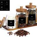 Suclain 3 Pcs Glass Coffee Container with Wooden Lid Spoon Shelf Labels Clear Airtight Jar Food Storage Canister Set for Sugar Spice Coffee Bean Holder Housewarming Gift(13.5,20,25 oz,Acacia Brown)