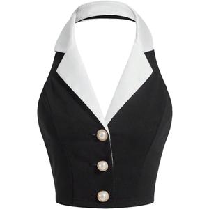 Women's Colorblock Sleeveless Turndown V Neck Collar Button Front Backless Slim Fit Crop Halter Top Tank Top Cropper (Medium, Black)