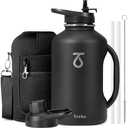 Trebo Half Gallon 64oz Water Bottle with Handle,Double Wall Vacuum Insulated Large Water Jug,Stainless Steel Water Bottle Flask,Gym Water Bottles For Men with Straw Spout Lids Strap,Black