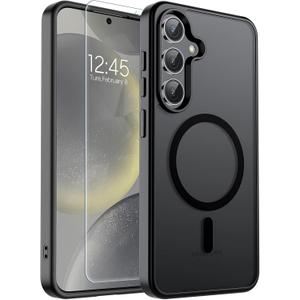 SUPFINE Magnetic for Samsung Galaxy S24 Plus Case / S25 Plus Case with Screen Protector, (Built-in Magnets) (Military Grade Drop Protection) Slim Translucent Shockproof Phone Case,Black