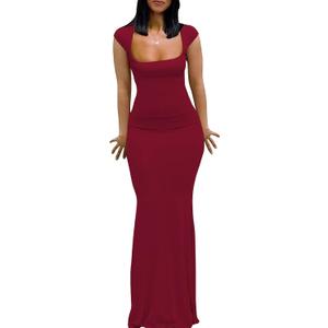 Womens Summer Cap Sleeve Square Neck Elegant Casual Lounge Bodycon Slim Maxi Evening Party Long Dress (Medium, Burgundy)