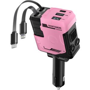 Retractable Car Charger with Retractable Cable (31.5 inch), 4 in 1 Super Fast Car Phone Charger, 2 USB Ports Adapter, Compatible with iPhone 15 14 13 12 11 Pro Max, iPad, Pixel (Pink)
