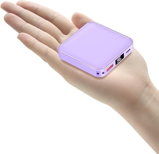 The Smallest 10000mAh Small Power Bank, Fast charge Mini Portable Charger, USB C Input/Output with Smart LED Display, with External Battery Bank for iPhone, iPad,Samsung, Android Phones, Tablet (Lilac)