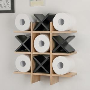 Weysat Tic Tac Toe Toilet Paper Holder Stand Bathroom Wall Decor Rustic Wooden Hanging Storage Freestanding Wall Mounted Shelves Decor for Toilet Tissue Farmhouse
