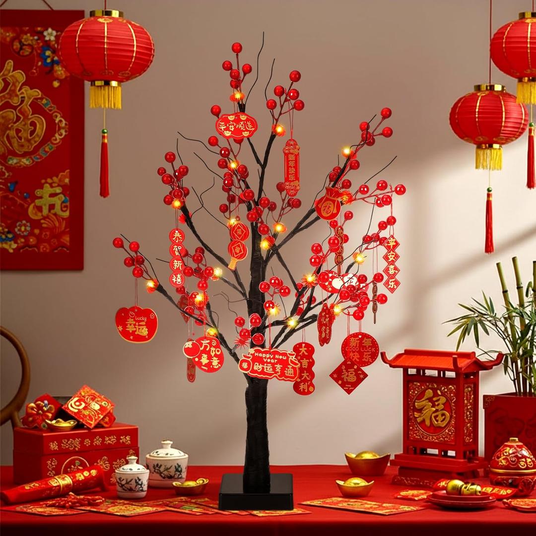 Ganeen Chinese New Year Decorations 2026 Lighted Lunar New Year Tree with 18 Pcs Hanging Chinese Ornaments & 24 LED Lights Red Berry Birches Money Tree Traditional Centerpiece for Table Home Decor