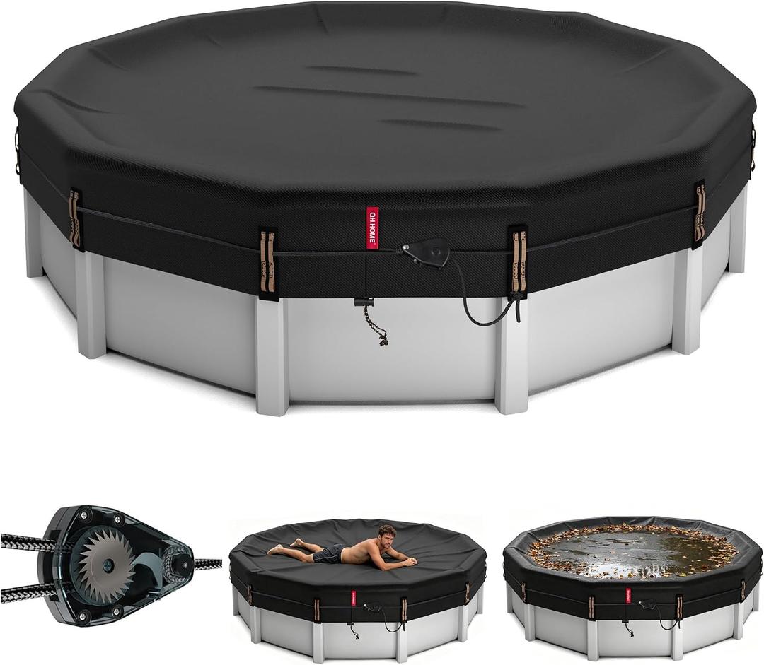 QH.HOME 24Ft Heavy Duty Winter Pool Cover,[Ultimate Windproof & Tear-Resistant Fabric],Snug Fit with Patented Ratchet & Weight Rings,Solar Pool Cover for Above Ground Pools, Blocks Leaves &Waterproof
