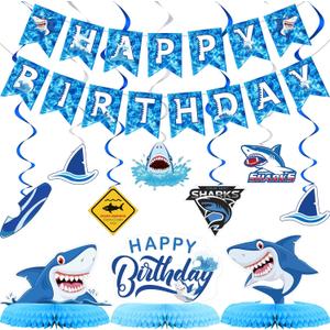 28 Pieces Shark Party Supplies Set Includes 12 Hanging Swirls Shark Happy Birthday Banner 12 Hanging Cutouts 3 Birthday Honeycomb Centerpiece for Party Decorations